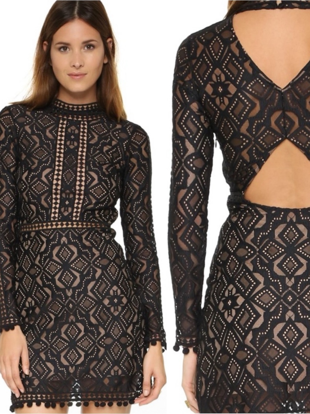 For Love and Lemons Florence Black Lace Long Sleeve Mini Dress S